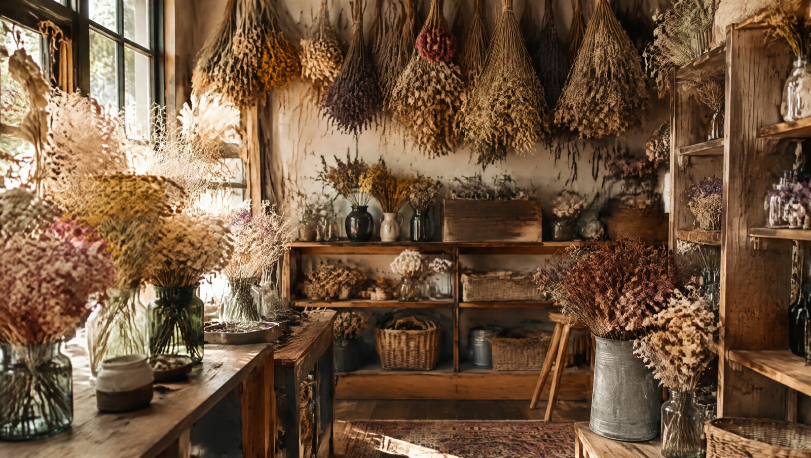 A flower shop interior with dried flowers and wooden shelves
